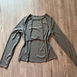 Womens Long Sleeve Peplum Top - Metallic Charcoal Reverse Stitching Grunge Emo